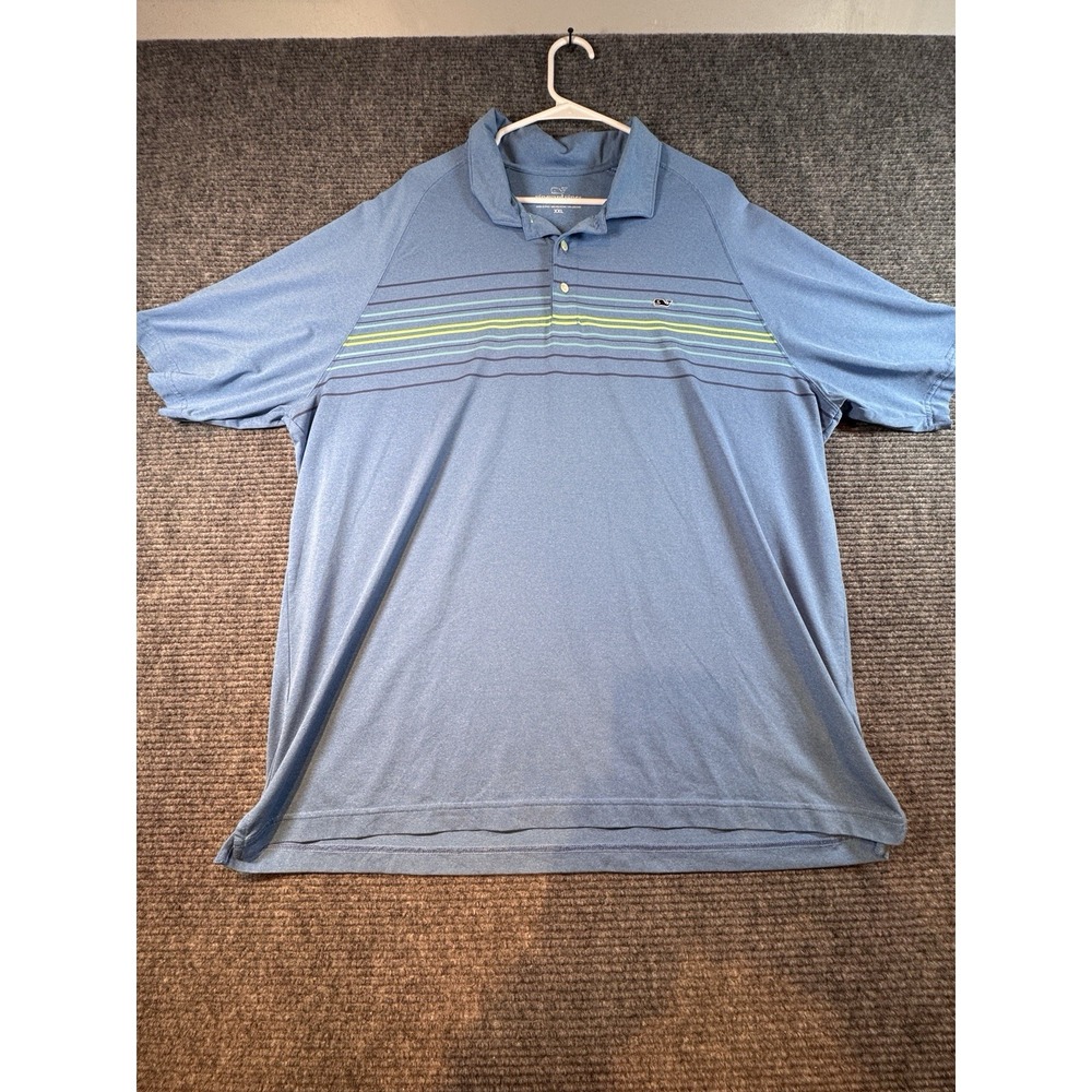 Vineyard Vines Performance Polo Shirt Mens XXL‎ Heather Blue Green Stripe